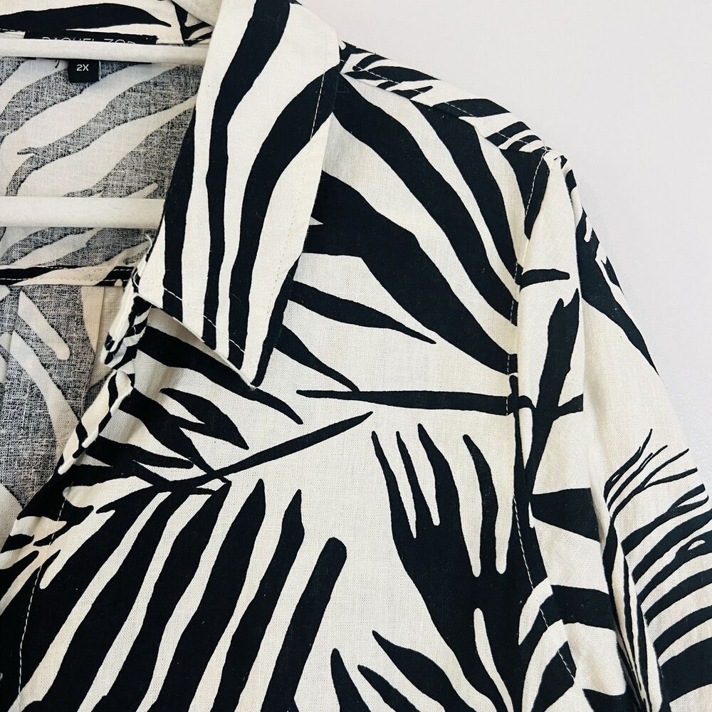 Rachel Zoe Linen Black & White Palm Frond Tropical Blouse Resort Wear Plus 2X - Picture 7 of 11